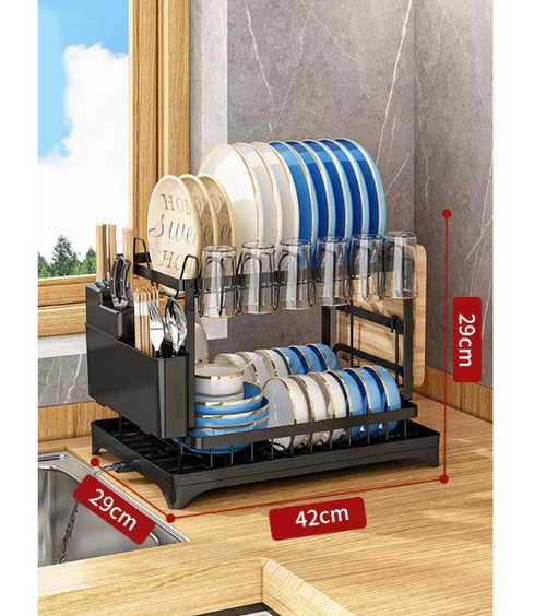 Dish Drying Rack – Two tiers, stable vertical slots. Rotating spout keeps counter dry. No more puddles! 🛡️✅