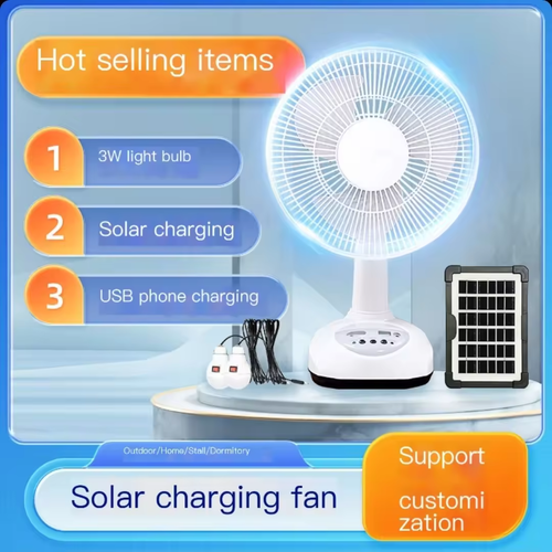 High Quality Home Use Cooling Battery Solar Electric Table Fan Rechargeable DC 12 Inch Wind Solar Fan with LED Lamp