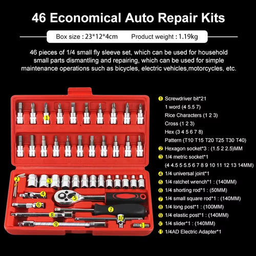 2025Hand Tools Set Adjustable Long Handle Ratchet Wrench 46pcs Car Repair Tool Kit