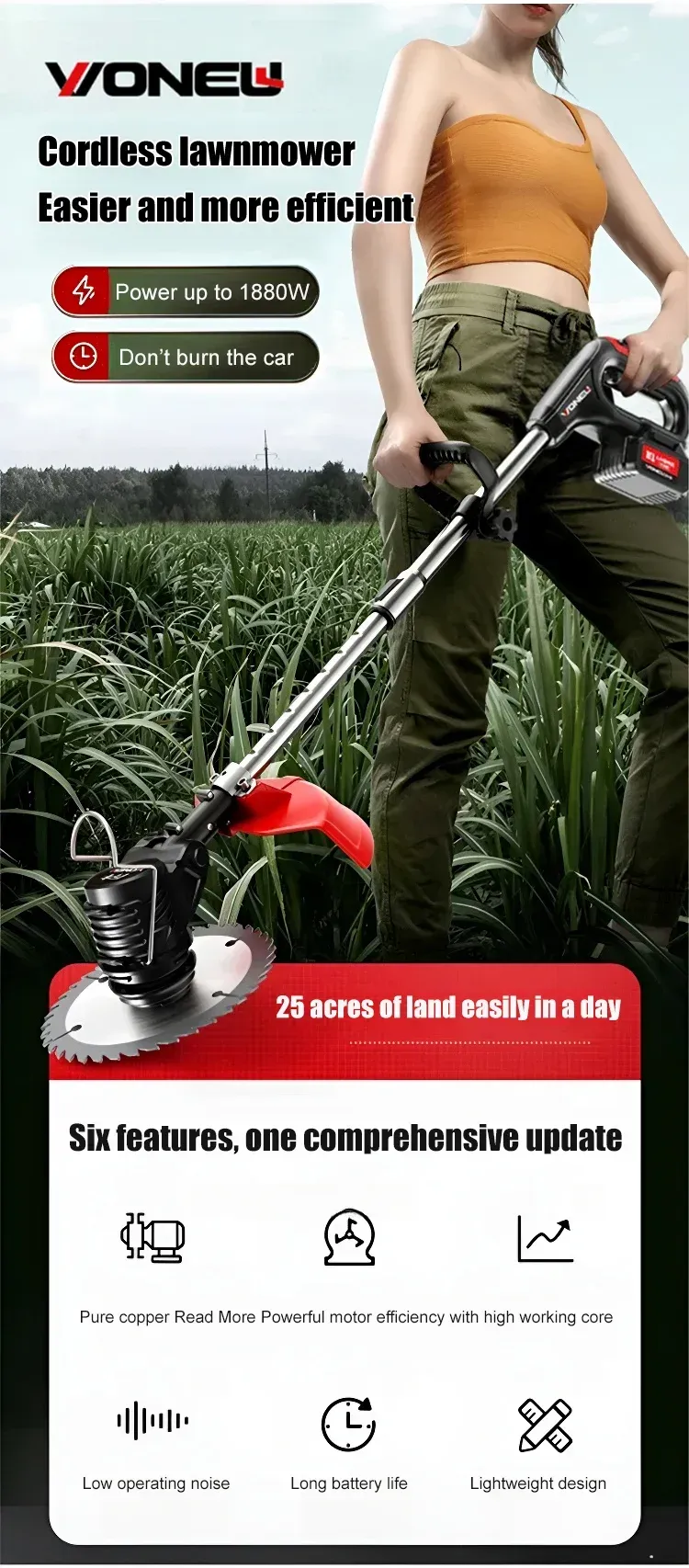Portable lithium battery garden lawn mower High-powered with a speed of 18000 RPM, trim or mow and save 80% of your time!