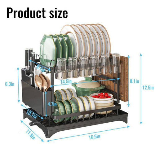 Dish Drying Rack – Two tiers, stable vertical slots. Rotating spout keeps counter dry. No more puddles! 🛡️✅