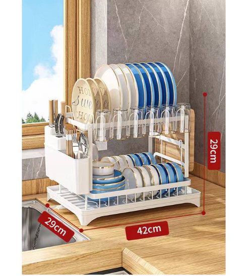 Dish Drying Rack – Two tiers, stable vertical slots. Rotating spout keeps counter dry. No more puddles! 🛡️✅