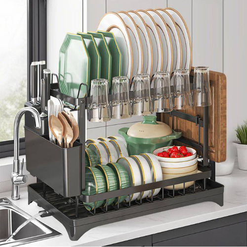 Dish Drying Rack – Two tiers, stable vertical slots. Rotating spout keeps counter dry. No more puddles! 🛡️✅