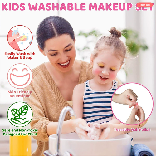 💄Kids Washable Makeup Toy Set with Portable Pink Handbag