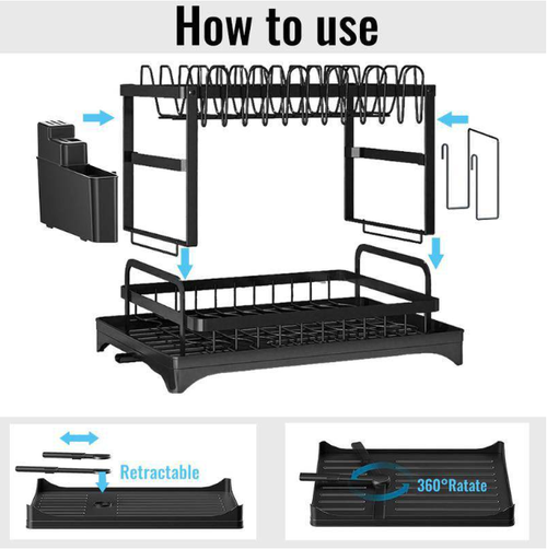Dish Drying Rack – Two tiers, stable vertical slots. Rotating spout keeps counter dry. No more puddles! 🛡️✅
