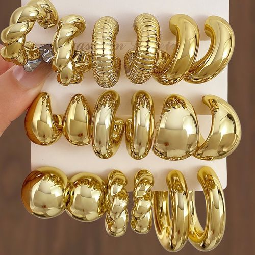 C-Shaped Drop Earrings with Premium Vibe (Carded): 9 Pairs of Simple Geometric Gold Metal Earrings for Women, Buy 1 Get 2 Free – Versatile Sparkle for Daily & Occasions