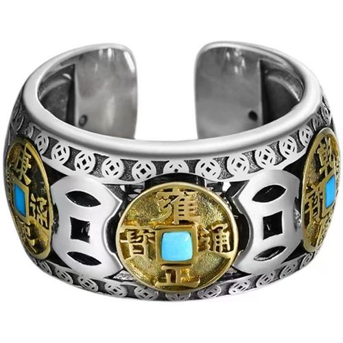 Retro Five Emperors Coin Rotatable Ring, Personalized Silver Ring with Copper Coin Element, Trendy Open Ring for Men, Creative Accessory