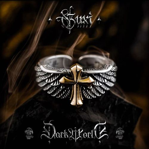 Vintage Distressed Silver-Gold Plated Two-Tone Cross Wing Ring - 3D Open Adjustable Trendy Band with Gift Box