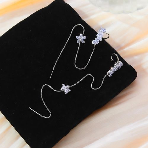 Hot-Selling Women's Flower Tassel Stud Earrings - Left Ear Style, Moissanite Inlaid, Alloy Silver-Plated, Light Luxury & Fashionable Versatile.