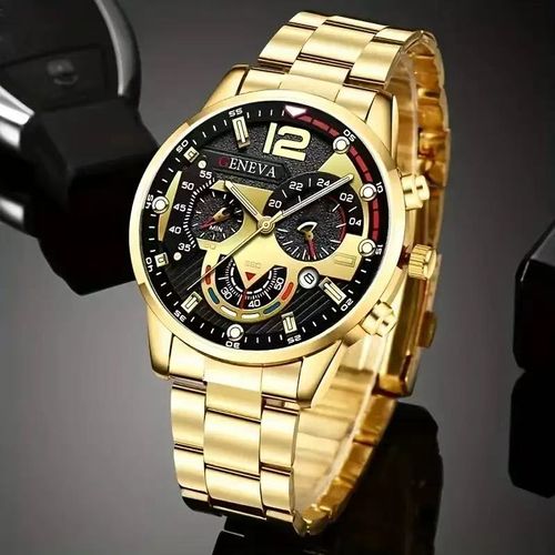 Luxury Gold Multi-Function Quartz Watch + Thick Gold-Plated Chain Style Hand Chain Set, Trendy Men's Bold & Stylish Accessory, Unique Big Dial Waterproof Watch Combo in Gift Box, Ideal for Gifting or Personal Use