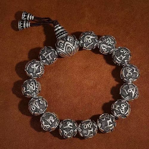 Vintage Distressed Silver-Plated Bracelet, Rune Lotus Bead Bracelet, Unisex, Blessing and Fortune-Turning Jewelry