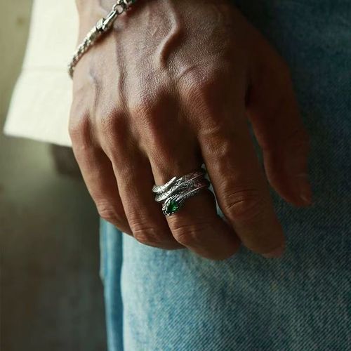 Vintage Snake Head Green Crystal Open Ring, Distressed Texture Niche Design Trendy Band, Unique Green Crystal Embellished Retro Style Adjustable Open Ring