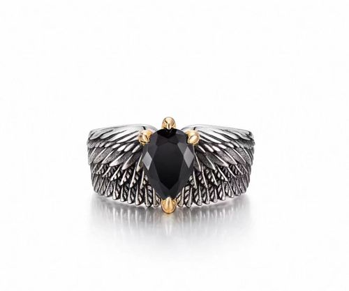 Original Retro Eagle Feather Ring for Men, Silver-Plated Black Crystal with Trendy & Cool Design, Niche Personalized Versatile Open Adjustable Ring with Gift Box Packaging