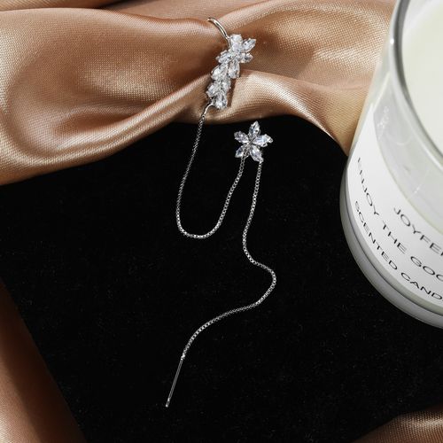 Hot-Selling Women's Flower Tassel Stud Earrings - Left Ear Style, Moissanite Inlaid, Alloy Silver-Plated, Light Luxury & Fashionable Versatile.