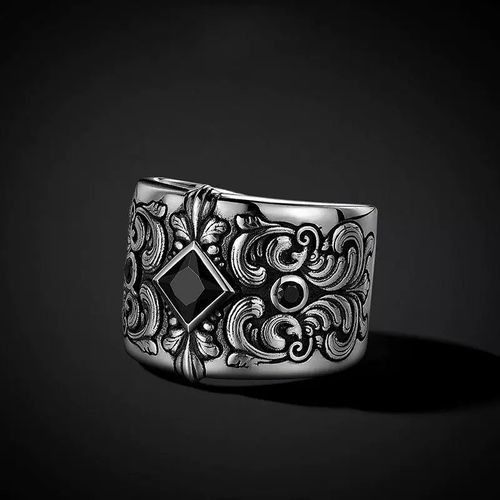 Vintage Aged Silver Ring with Black Crystal, Baroque Pattern Wide Open Ring, Niche Design Finger Ring for Trendy Men, Comes with an Exquisite Gift Box