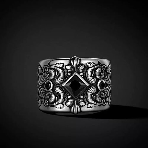 Vintage Aged Silver Ring with Black Crystal, Baroque Pattern Wide Open Ring, Niche Design Finger Ring for Trendy Men, Comes with an Exquisite Gift Box