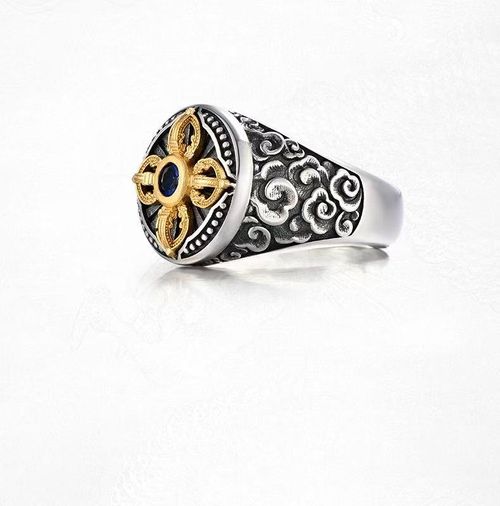 Eye-Catching Presence Vintage Two-Tone Metal Cross Ring Inlaid with Blue Crystal Adjustable Opening + Stunning Relief Design Comes with Gift Box Men Look Extra Stylish with Layered Charm