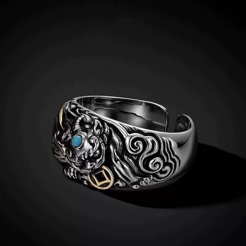 Fashionable and Dominant Men's Retro Pixiu Ring, Silver-plated Material, Inlaid with Turquoise & Partially Gold-plated, Adjustable Open Design, Easily Fits Different Finger Sizes, Blending Retro Charm with Personalized Fashion Vibe.