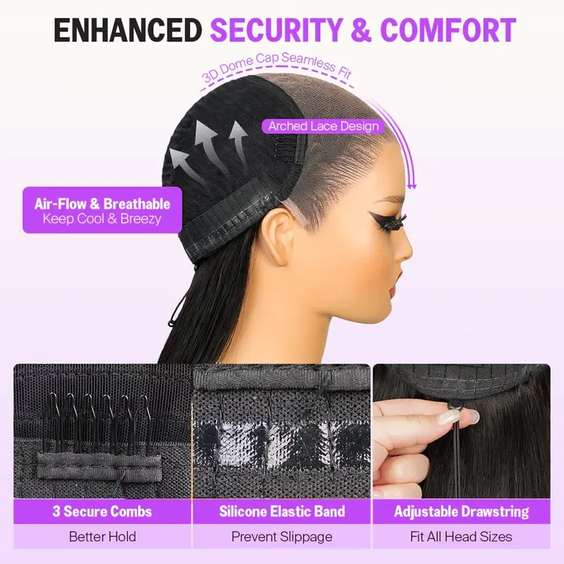 3 Step Easy Install Long Straight Black HD Lace Wig Invisible Drawstring Lace Tape Beginner Friendly Full Head Wig