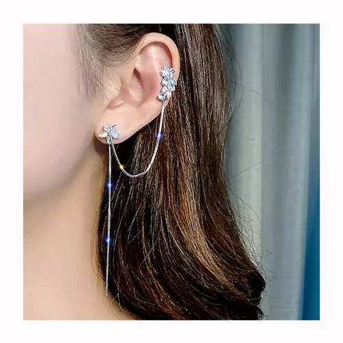Hot-Selling Women's Flower Tassel Stud Earrings - Left Ear Style, Moissanite Inlaid, Alloy Silver-Plated, Light Luxury & Fashionable Versatile.