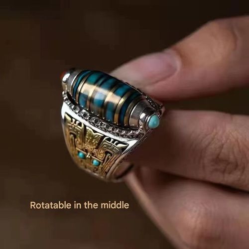 Original Retro Design Bold and Unique Nine-Eyed Turquoise Wulan Flower Dzi Bead Ring Rotatable, Luxuriously Gem-Inlaid, Adjustable, Statement-Making and Unisex