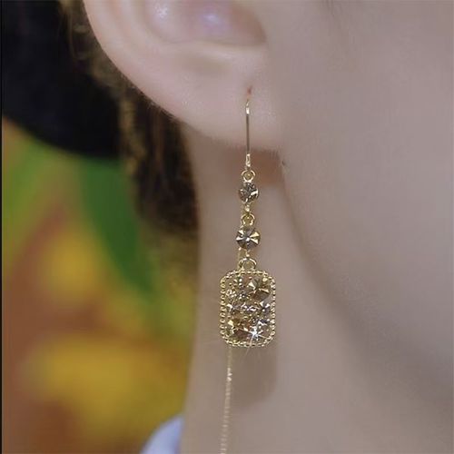 Brilliant Shine Gold-Plated Micro-Inlaid Moissanite Square Threader Earrings, Light Luxury High-End Long Tassel Earrings, Niche Design Versatile Ear Jewelry with Gift Box Packaging