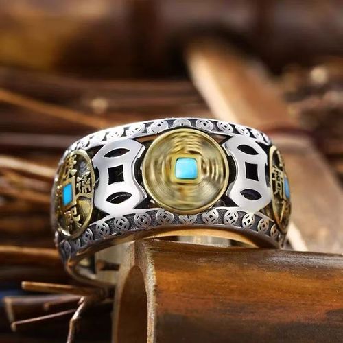 Retro Five Emperors Coin Rotatable Ring, Personalized Silver Ring with Copper Coin Element, Trendy Open Ring for Men, Creative Accessory