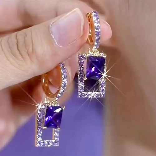 Luxury Amethyst Geometric Earrings Gift Box Set, Moissanite-Inlaid Square Drop Ornaments, High-End Light Luxury Niche Design Accessories, Gift Box Packaging Ideal for Gifting