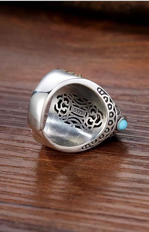 Original Retro Design Bold and Unique Nine-Eyed Turquoise Wulan Flower Dzi Bead Ring Rotatable, Luxuriously Gem-Inlaid, Adjustable, Statement-Making and Unisex