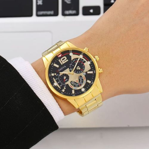 Luxury Gold Multi-Function Quartz Watch + Thick Gold-Plated Chain Style Hand Chain Set, Trendy Men's Bold & Stylish Accessory, Unique Big Dial Waterproof Watch Combo in Gift Box, Ideal for Gifting or Personal Use