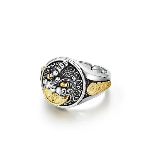 Exquisite Retro Pixiu Ring for Men, with Two - tone Three - dimensional Carving Craftsmanship, Rotatable Copper Coin Symbolizing Wealth - Attracting, Adjustable Open Design, Fully Showcasing the Charm of Personalized Trendy Jewelry