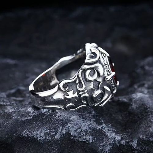 Vintage Aged Silver Ring with Small Gift Box, Gothic Cross-Carved Ring with Red Crystal Inlay, Unique Niche Design Open Ring for Stylish Guys