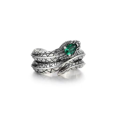 Vintage Snake Head Green Crystal Open Ring, Distressed Texture Niche Design Trendy Band, Unique Green Crystal Embellished Retro Style Adjustable Open Ring