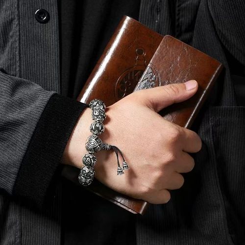 Vintage Distressed Silver-Plated Bracelet, Rune Lotus Bead Bracelet, Unisex, Blessing and Fortune-Turning Jewelry