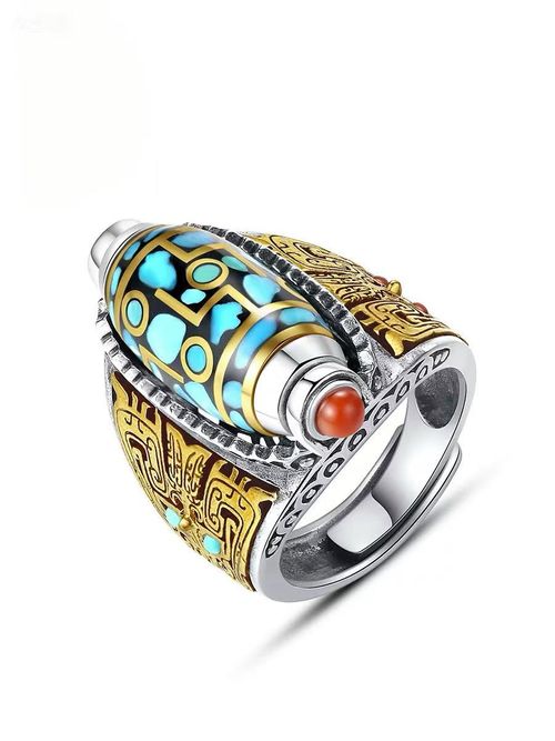 Original Retro Design Bold and Unique Nine-Eyed Turquoise Wulan Flower Dzi Bead Ring Rotatable, Luxuriously Gem-Inlaid, Adjustable, Statement-Making and Unisex