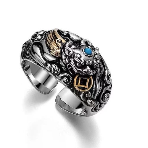 Fashionable and Dominant Men's Retro Pixiu Ring, Silver-plated Material, Inlaid with Turquoise & Partially Gold-plated, Adjustable Open Design, Easily Fits Different Finger Sizes, Blending Retro Charm with Personalized Fashion Vibe.