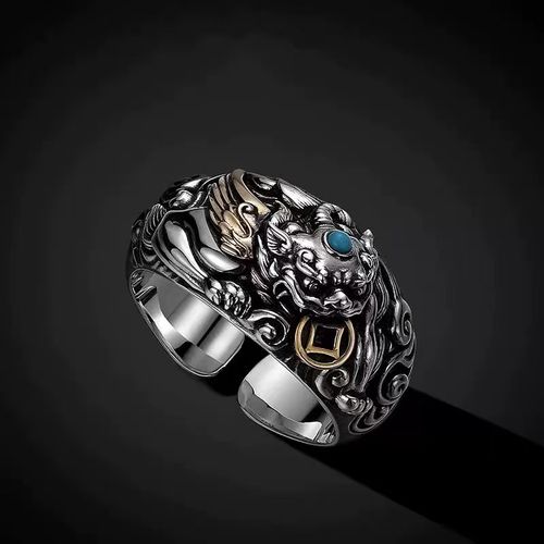 Fashionable and Dominant Men's Retro Pixiu Ring, Silver-plated Material, Inlaid with Turquoise & Partially Gold-plated, Adjustable Open Design, Easily Fits Different Finger Sizes, Blending Retro Charm with Personalized Fashion Vibe.