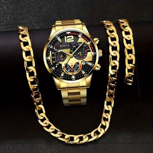 Luxury Gold Multi-Function Quartz Watch + Thick Gold-Plated Chain Style Hand Chain Set, Trendy Men's Bold & Stylish Accessory, Unique Big Dial Waterproof Watch Combo in Gift Box, Ideal for Gifting or Personal Use