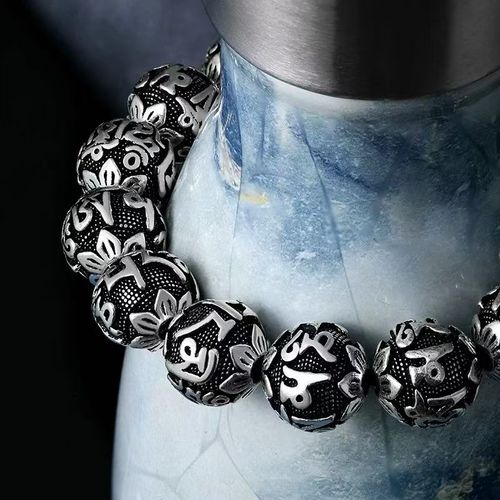 Vintage Distressed Silver-Plated Bracelet, Rune Lotus Bead Bracelet, Unisex, Blessing and Fortune-Turning Jewelry