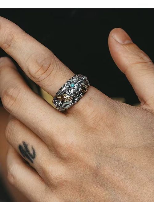 Fashionable and Dominant Men's Retro Pixiu Ring, Silver-plated Material, Inlaid with Turquoise & Partially Gold-plated, Adjustable Open Design, Easily Fits Different Finger Sizes, Blending Retro Charm with Personalized Fashion Vibe.
