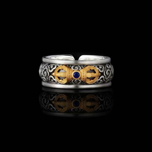 Vintage Exquisite Style Vajra Ring, Silver-Plated Gold with Blue Crystal & Cloud Pattern, Open Adjustable, Men's Unique Design for Blessing & Evil-Averting, Gift Box Packaging