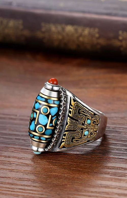 Original Retro Design Bold and Unique Nine-Eyed Turquoise Wulan Flower Dzi Bead Ring Rotatable, Luxuriously Gem-Inlaid, Adjustable, Statement-Making and Unisex