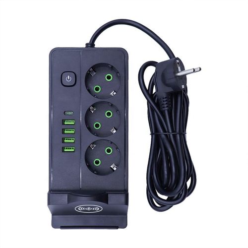 Wholesale universal power strip 3 outlets with USB-A and USB-C + wireless charging stand extension cord socket