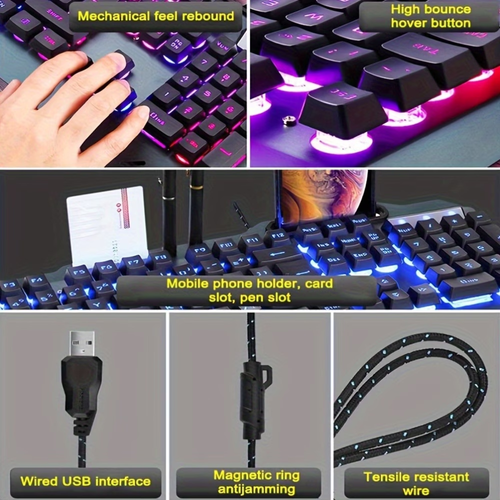 Gaming Keyboard Mechanical Feel with Bowl Holde RGB Backlit Modes Wired Gaming Keyboard for PC Deskto