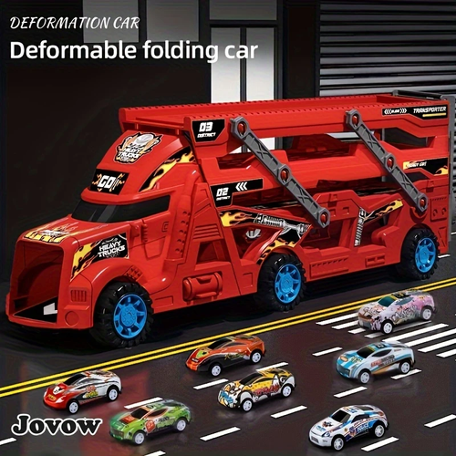 🔥🔥🔥JOVOW Kids Fire Truck Playset with Launching Mechanism, Extendable & Foldable, Includes 8 Mini Cars, Storage Organizer for Boys & Girls, Ideal Gift