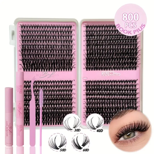 800pcs Lash Book Kit - False Lashes For Party, Stage, Festival Eye Makeup, Wispy, Fluffy Volume Individual Eyelash With Bond & Seal, Tweezer, Lash Remover, Lash Brush, Waterproof And Reusable, Easy To Apply At Home For Beginners