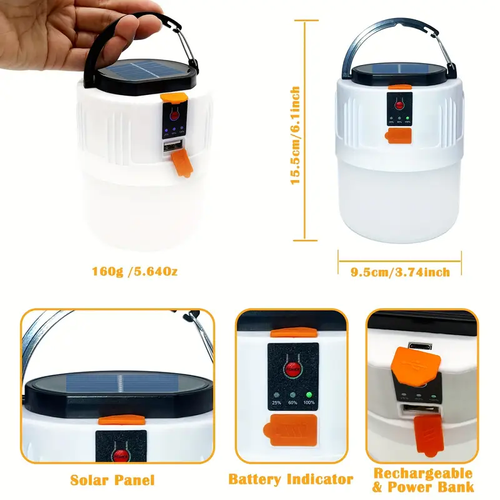 LED Camping Lantern, Rechargeable Portable Solar Panel Charging Tent Lights With Power Bank Function, 3 Lighting Modes Flashlight