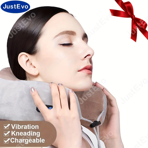1pc JUSTEVO Electric U-Shaped Neck Massager, Portable Rechargeable Lithium Battery, Hypoallergenic Cervical Massage Device, with USB Charging Neck Pillow