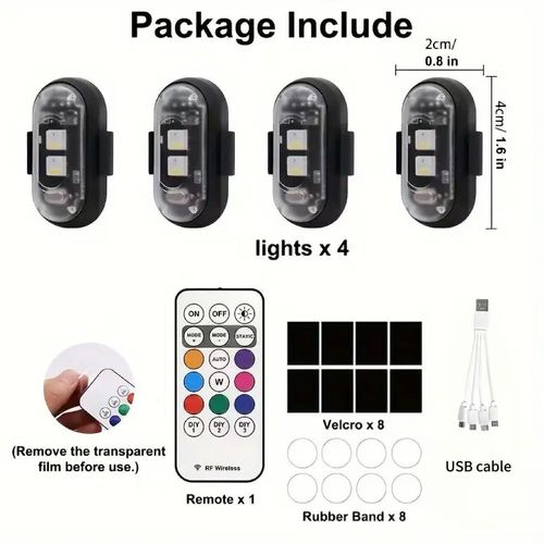High-Brightness 4pcs Wireless LED Strip Lights - 8-Color Anti-Collision Lighting With Remote Control, USB Charging, And Design For Cars, Drones, Aircraft, Motorcycles, And Bikes