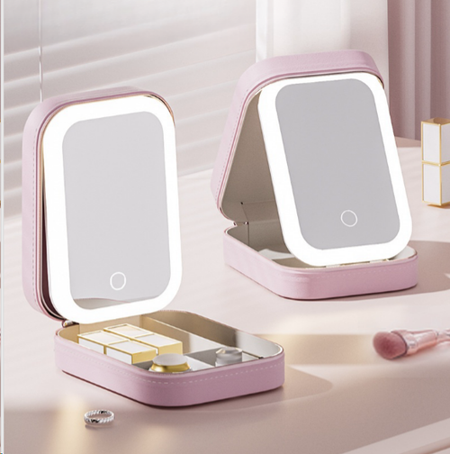 Portable Multifunctional Jewelry Makeup Box Cross-Border LED Tri-Color Mirror Folding Beauty Mirror Personalized Features Pocket